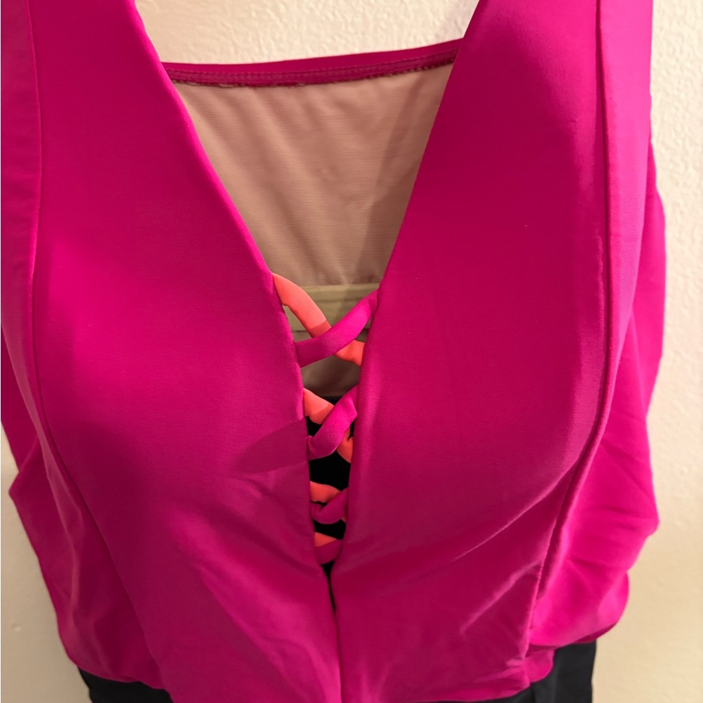 Cacique One Piece Swimsuit Fuchsia with Lace-Up Front Size 20